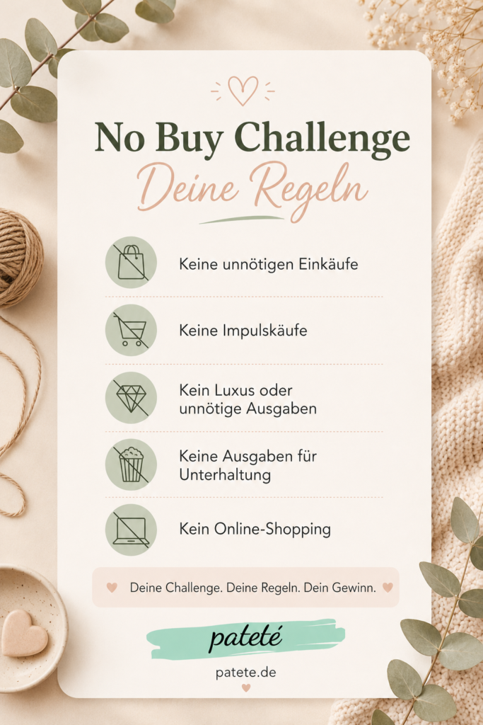 No Buy Challenge Regeln mit Beispielen für unnötige Einkäufe und Online Shopping
