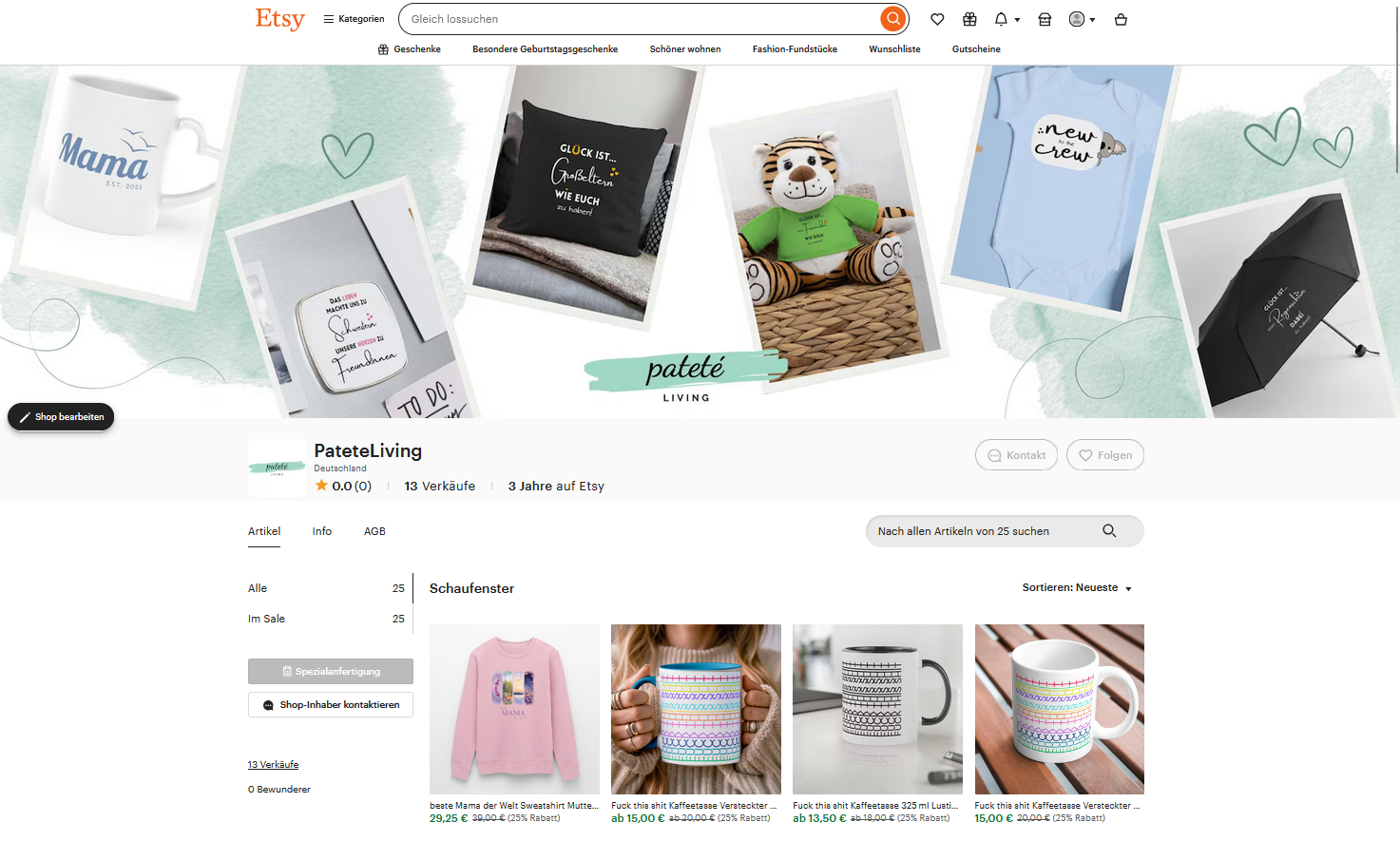 Darstellung etsy Shop von patete living, die storefront