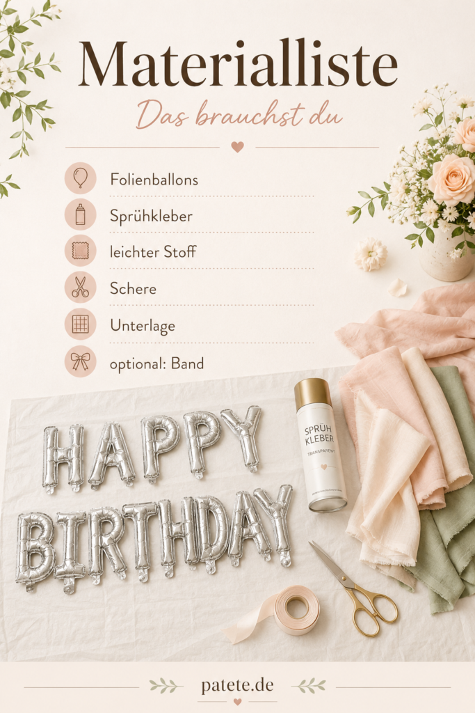 Materialliste für DIY Geburtstagsdeko mit Folienballons, Sprühkleber, Stoff, Schere und Unterlage