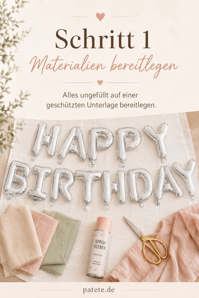 Folienballons und Materialien für Geburtstagsdeko selber machen auf geschützter Unterlage bereitlegen